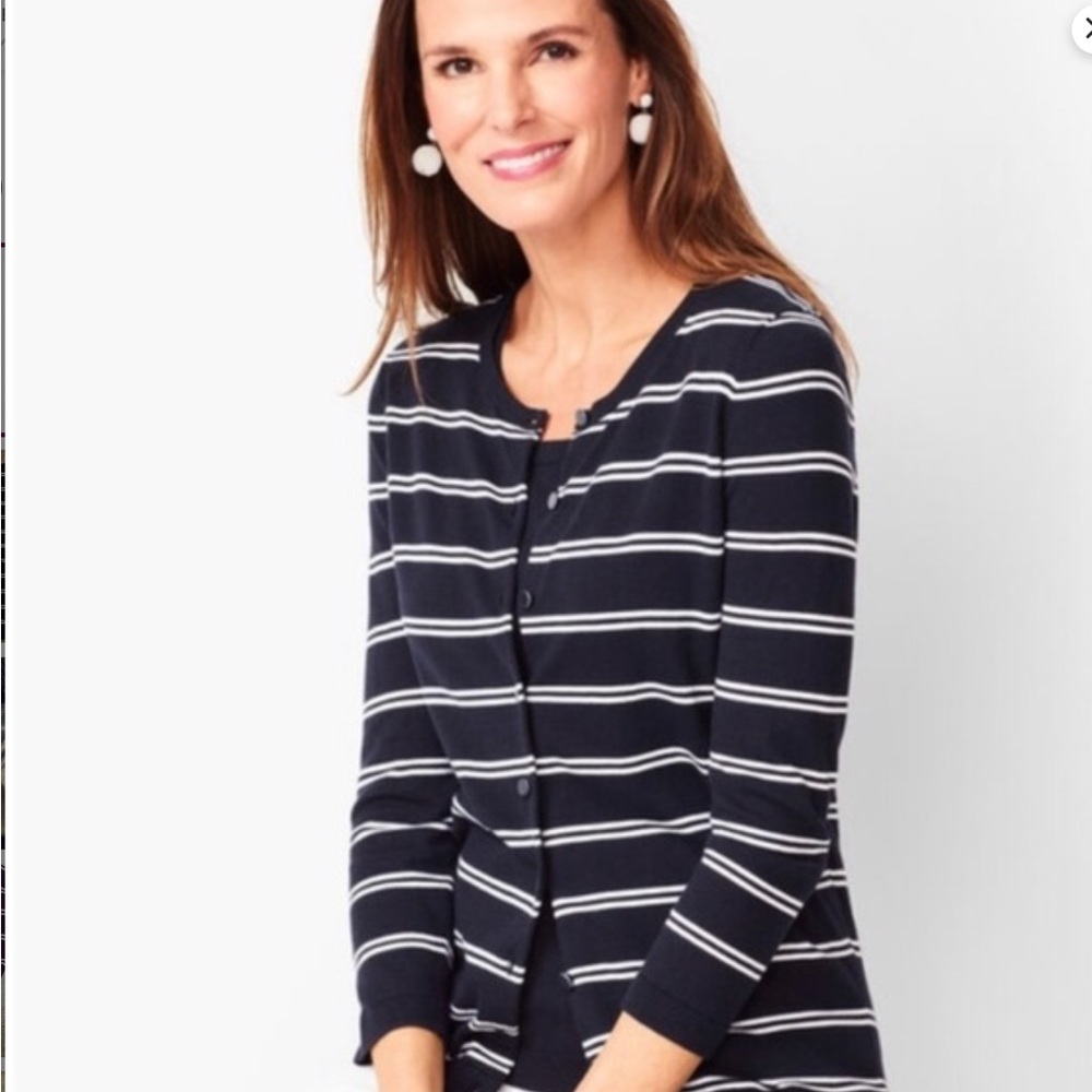Talbots Navy Blue with White Stripes 3/4 Sleeve Cardigan - Size XL